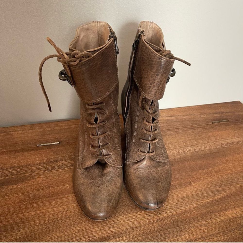AllSaints Taupe Leather Lace-Up Heeled Boots | Size 39 / 8.5 | Side Zip